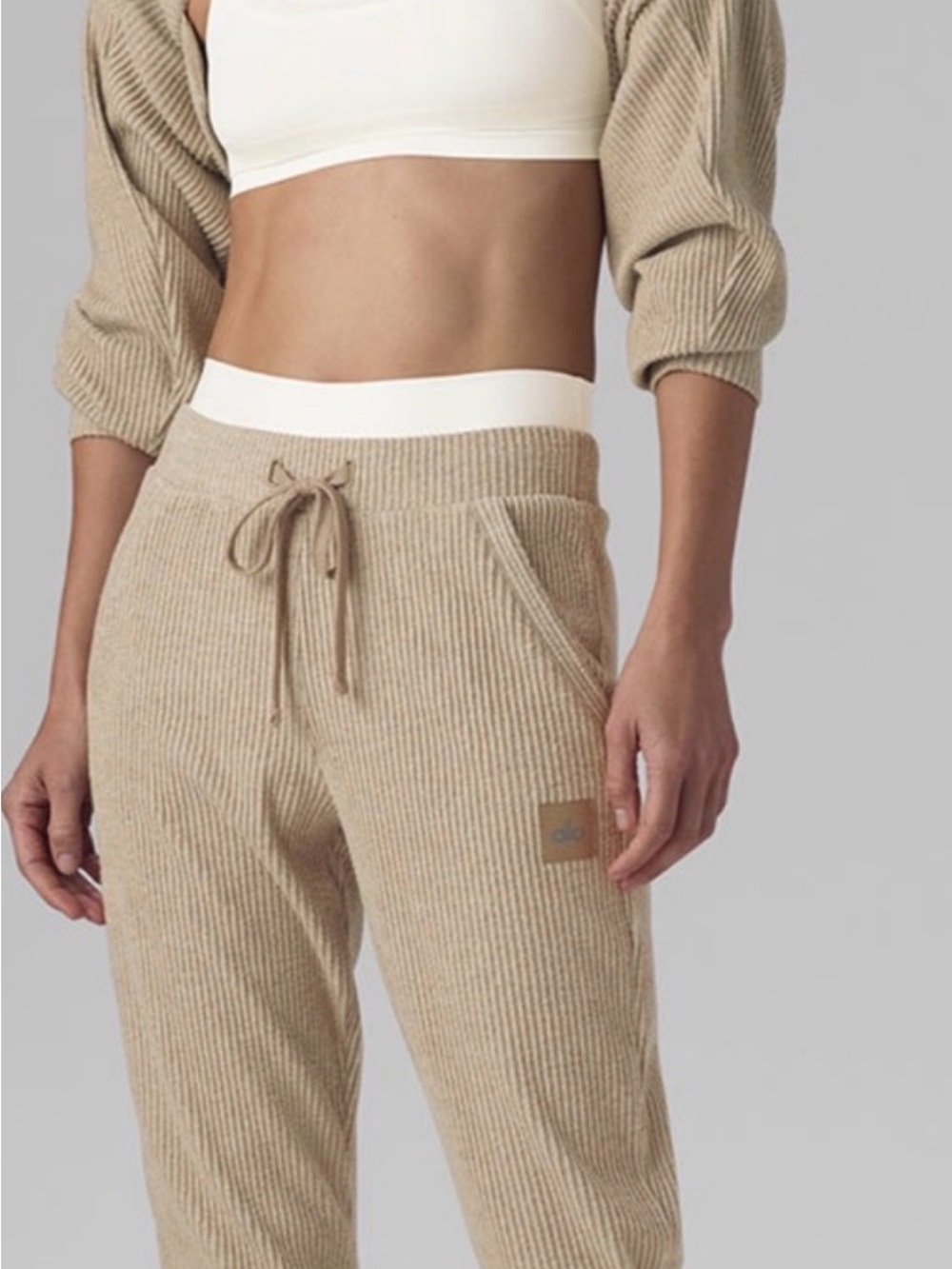 Alo Muse Ribbed Knit Drawstring Lounge Pants - Beige